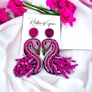 Tropical Chic: Hot Pink Beaded Flamingo Earrings for the Bold and Fashionable!🦩